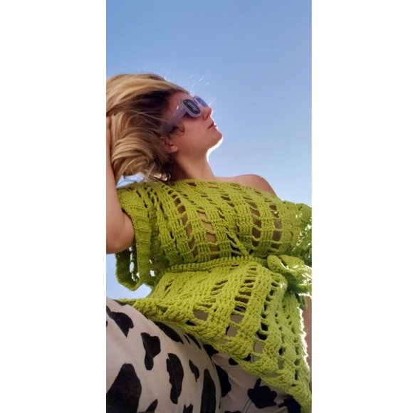 Vintage Tops - Vintage Lime Green Crochet Knit Coverup Y2K Top